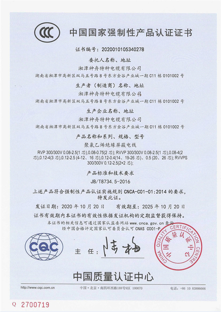 Chiny Xiangtan Shenzhou Special Cable Co., Ltd Certyfikaty