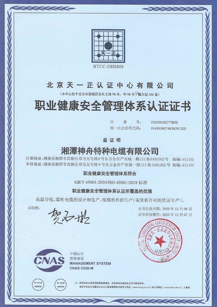 Chiny Xiangtan Shenzhou Special Cable Co., Ltd Certyfikaty